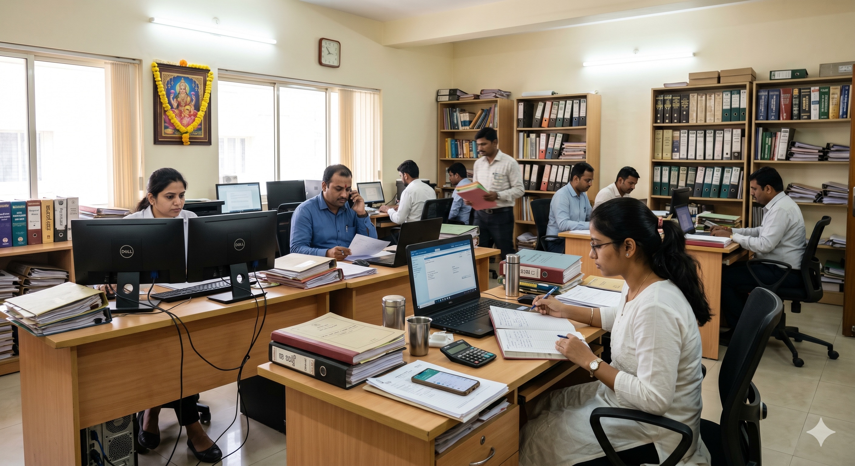 An open-plan Indian CA firm office. Eight to ten people working at wooden desks with Dell desktop monitors — articled clerks consulting bound audit binders, seniors at TallyPrime screens, a partner walking between desks. Bookshelves with bound ledger files line the walls. A garlanded Lakshmi image. Steel chai tumblers, calculators, stacks of bound files on every desk.
