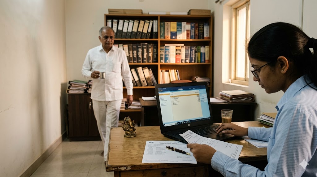 A young articled clerk reviews a printed report at her TallyPrime workstation while a senior partner walks past with a steel chai cup. Bookshelves of bound ledger files, brass Ganesha on the wooden desk.