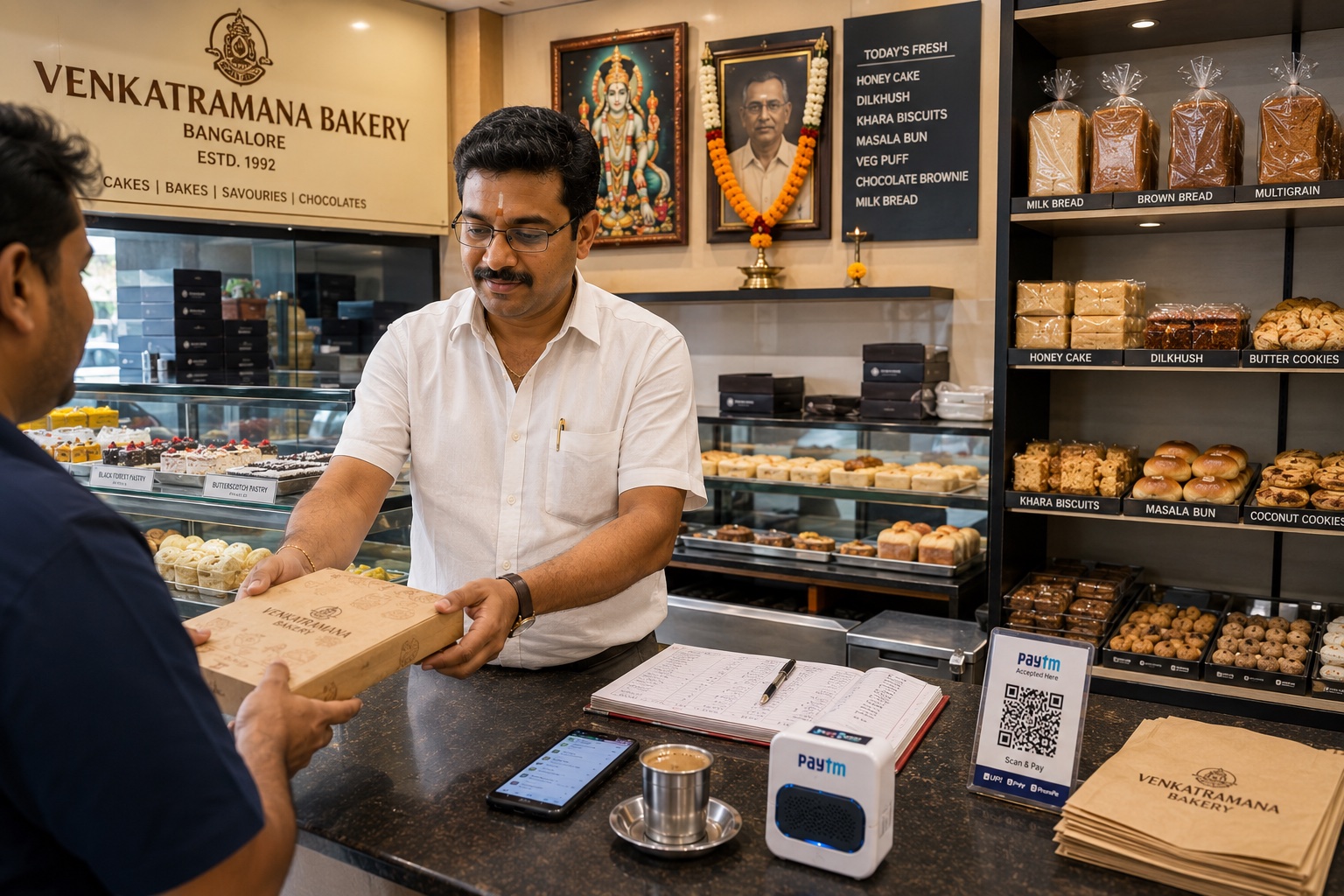 Proprietor of Venkatramana Bakery, a third-generation Iyengar bakery in Bangalore, mid-handing a branded paper bag of pastries. Wooden shelves of bread, glass case of butter cookies, dilkhush, masala buns. Framed Lord Venkateswara, brass diya. Paytm Soundbox + smartphone + bahi-khata on counter.