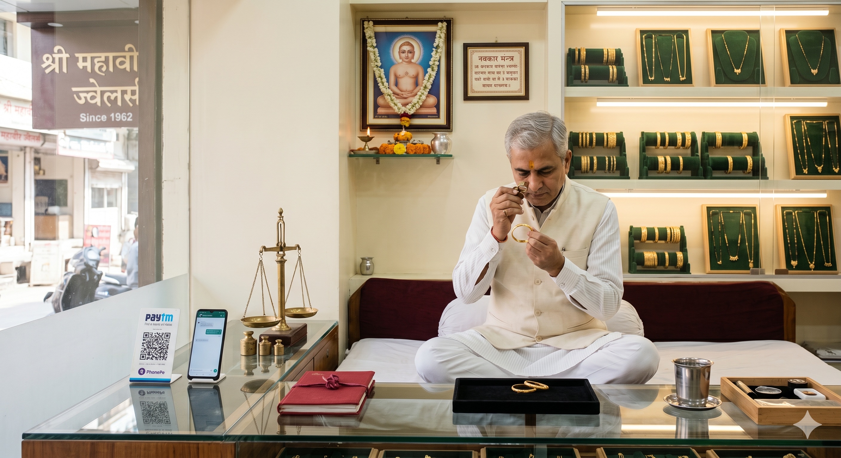 A Jain Marwari proprietor of a third-generation family jewellery shop sits cross-legged on a cushioned takhat, inspecting a 22-karat gold bangle with a brass jeweller's loupe. PhonePe QR stand and smartphone on counter beside brass weighing scale.