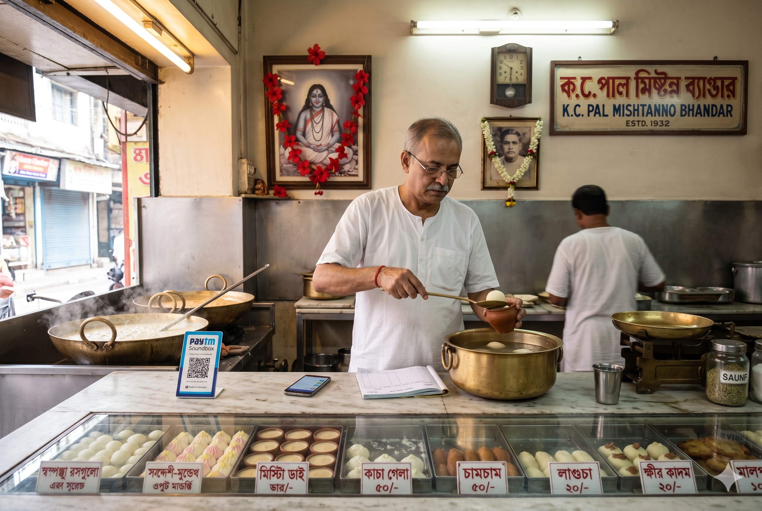 Bengali sweet-shop proprietor in white kurta at K.C. Pal Mishtanno Bhandar, Kolkata (estd 1932). Mid-lifting a rasgulla from a brass pot of sugar syrup with a long brass spoon. Glass display trays of sandesh, mishti doi, kacha gola, chamcham — each labelled in Bengali script. Worker stirs kheer kadai behind. Paytm QR + smartphone on marble counter.