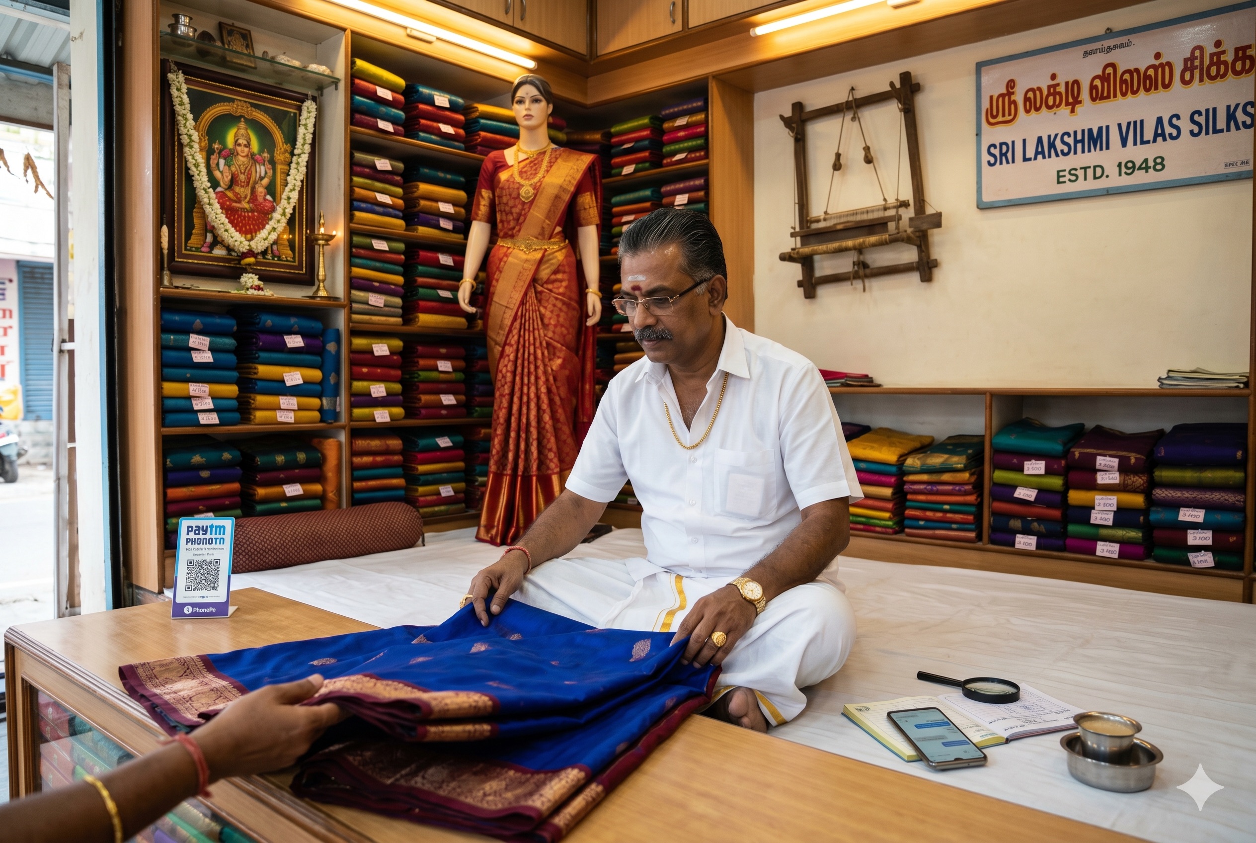 Tamil Chettiar proprietor of Sri Lakshmi Vilas Silks (Estd 1948), Kanchipuram, in white veshti with a gold border, cross-legged on a low cushioned takhat. Mid-draping a sapphire-blue Kanchipuram silk saree with a maroon-and-gold zari border across the customer's hand. Bridal mannequin in red-and-gold silk on left, framed Goddess Kamakshi garlanded, wooden weaver's loom on wall. PhonePe QR stand on counter.