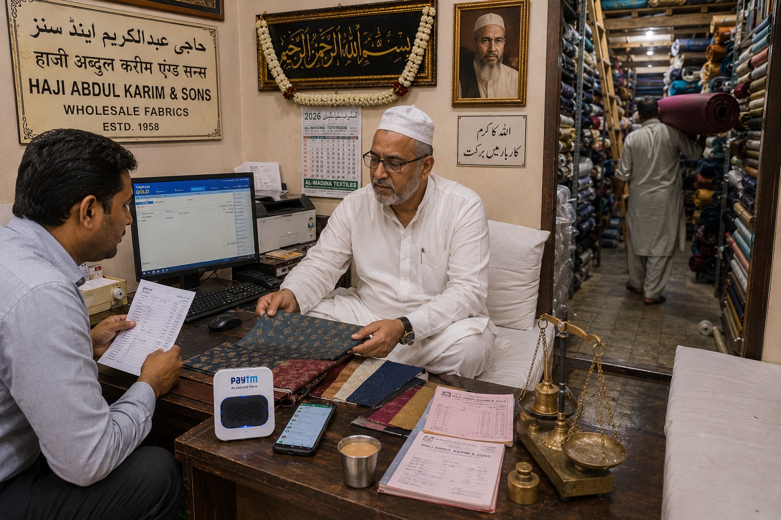 A Memon Muslim proprietor of Haji Abdul Karim & Sons Wholesale Fabrics (Estd 1958), Bhiwandi, in white kurta and white skullcap, discussing a fabric swatch with an accountant beside him. The accountant in formal shirt consulting a printed bank statement and a desktop monitor showing TallyPrime. Through a doorway behind: a fabric godown crammed with rolled bolts of synthetic and cotton fabric. Paytm Soundbox + brass weighing balance + bahi-khata ledger on the low desk. Arabic Bismillah calligraphy framed on the wall.