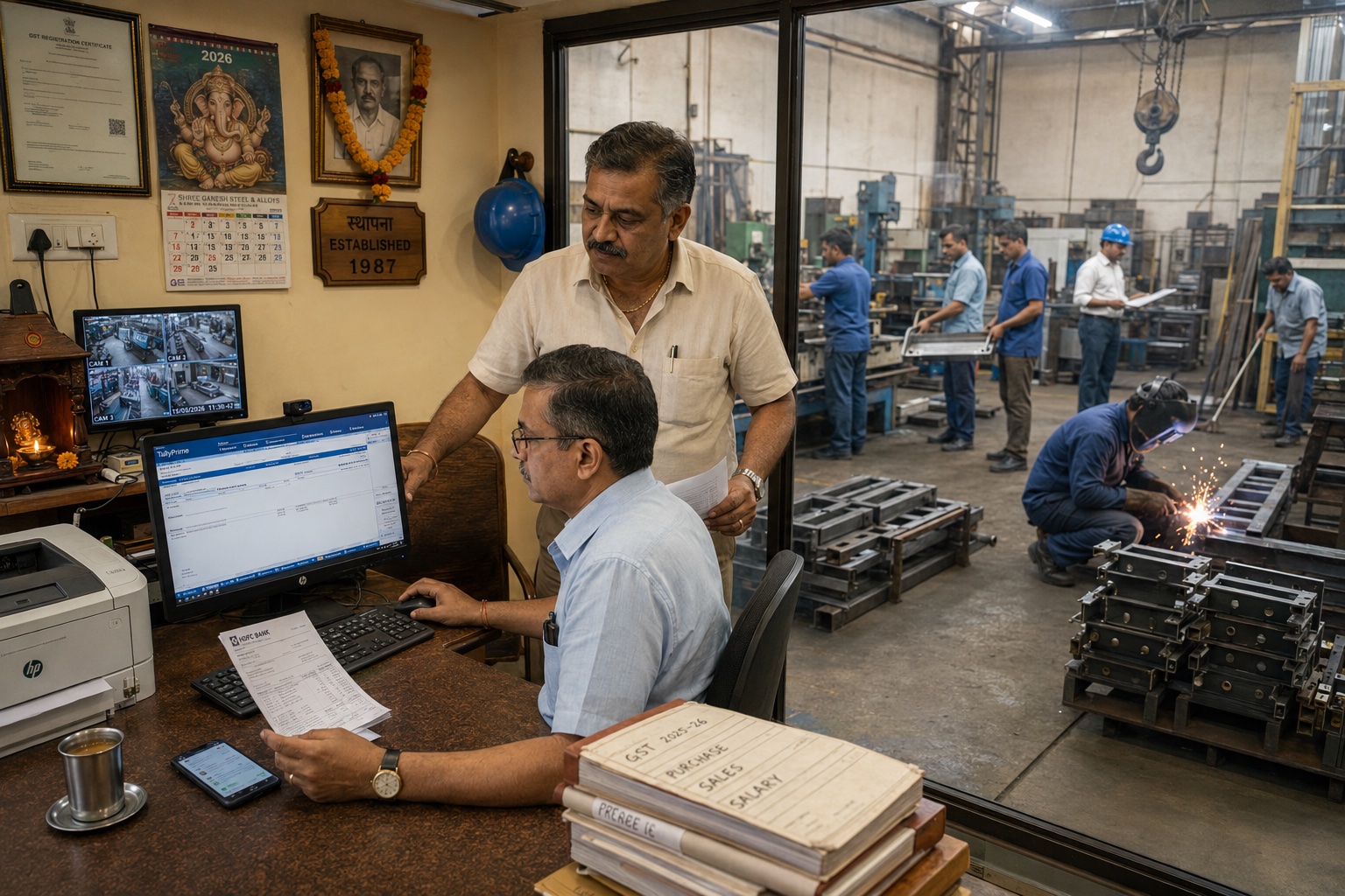A small Indian metal fabrication unit. Two men in the back-office cabin: the accountant at a desk with TallyPrime open on a monitor, the owner standing behind reviewing a printed report. Through a glass partition wall, the factory floor is visible — a welder with sparks, workers carrying steel brackets, a foreman with a clipboard. CCTV monitor on side wall showing 4-grid live feed.