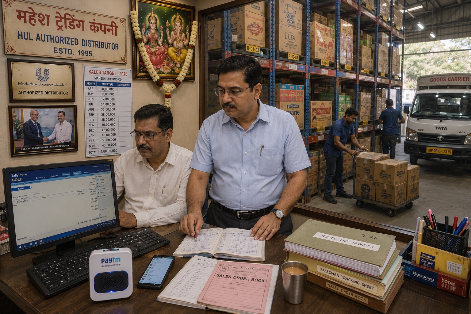 A Vaishya Bania proprietor of Mahesh Trading Company (HUL Authorized Distributor, Estd 1995), Indore, standing beside an accountant at a desk who is consulting a desktop monitor showing TallyPrime sales-voucher. Behind them, through a glass partition: warehouse with metal racks of FMCG cartons (Lux, Surf, Britannia, Parle) stacked floor-to-ceiling, a Tata Ace van being loaded at the loading bay. Paytm Soundbox + paper sales-order book + salesman tracking sheet on desk. HUL Authorized Distributor plaque, sales-target chart on wall.