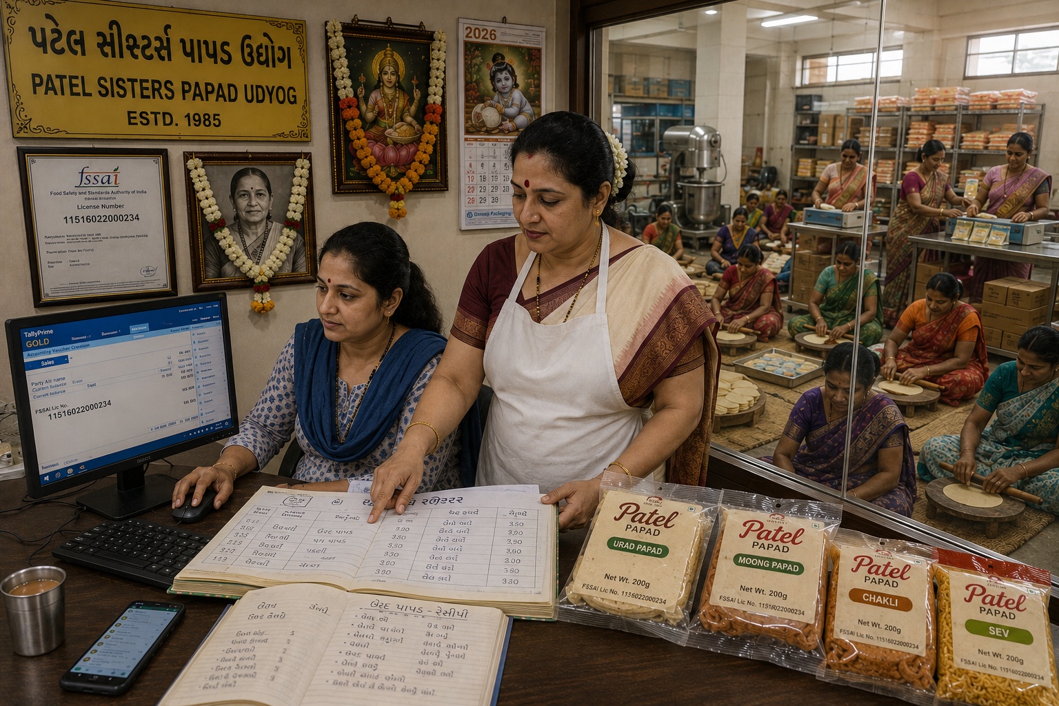 Two women — the Gujarati matriarch proprietor (mid 50s, cream saree with maroon border, mangalsutra, white apron) and a younger woman accountant in salwar-kameez — in the back-office cabin of Patel Sisters Papad Udyog (Estd 1985), Mumbai. The accountant at a desktop monitor showing TallyPrime sales-voucher with FSSAI license number visible. On the desk: bound batch-register in Gujarati handwriting open, four packaged papad varieties (Patel Papad — Urad, Moong, Chakli, Regular), smartphone. Through a glass partition: production floor with women workers in cotton sarees rolling papads on round wooden boards (Lijjat-style), steel mixer in background, packaging tables. Annapurna and founder mother framed images garlanded, FSSAI license framed.