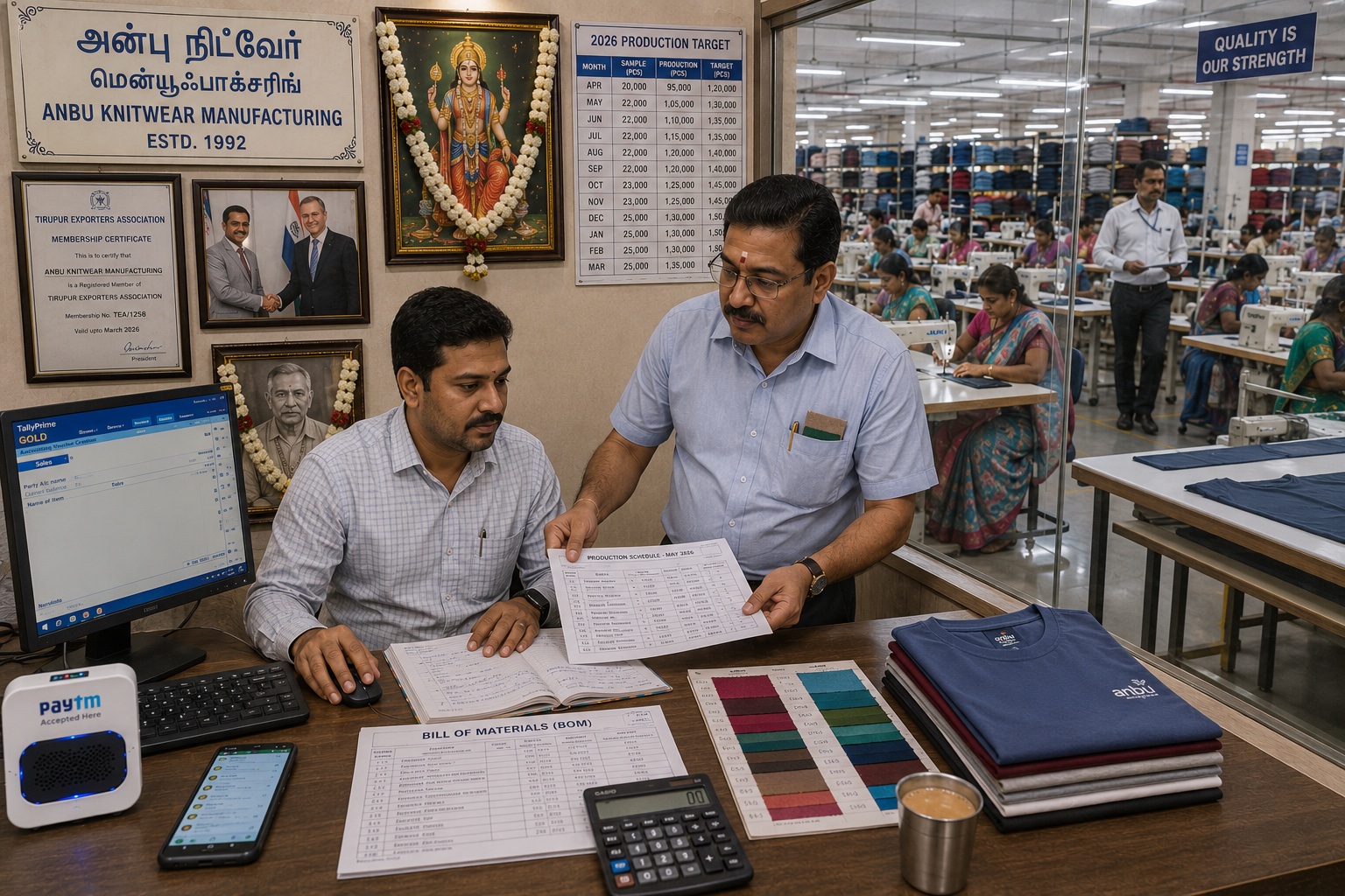 A Tamil Gounder proprietor of Anbu Knitwear Manufacturing (Estd 1992), Tirupur, standing beside an accountant at a desk consulting a desktop monitor showing TallyPrime. On the desk: BOM document, fabric swatches, sample T-shirt, Paytm Soundbox, calculator. Through a glass partition: production floor with rows of women workers in cotton sarees at industrial sewing machines, fabric cutting tables, finished-goods racks of T-shirts. Floor supervisor with clipboard. Tirupur Exporters Association certificate framed, Lord Murugan garlanded.