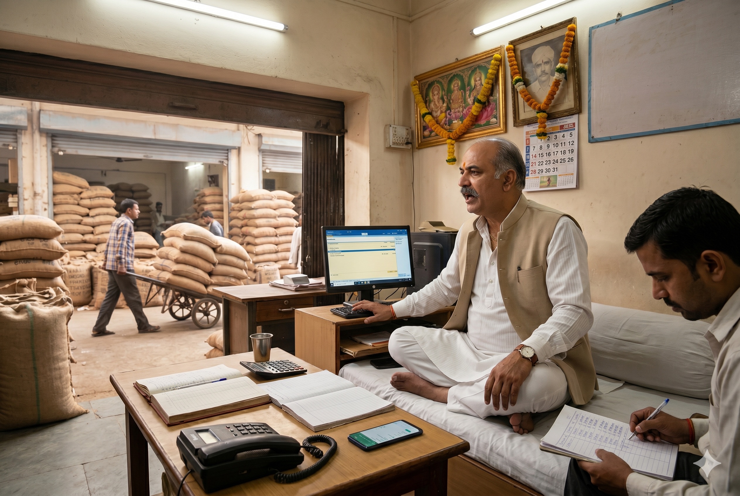 A Marwari Hindu mandi commission-agent at his gaddi office in APMC Vashi, Mumbai, sitting cross-legged on a cushioned floor-platform behind a low wooden desk, mid-shouting a price quote across the open-yard doorway. Beside him an accountant at a separate desk consulting a rough-book of daily commodity prices. Through the doorway: APMC mandi yard with jute sacks of pulses stacked, a porter pulling a hand-cart. Beetel landline phone + smartphone + bahi-khata ledger + calculator on desk. Lakshmi-Ganesh framed image garlanded.