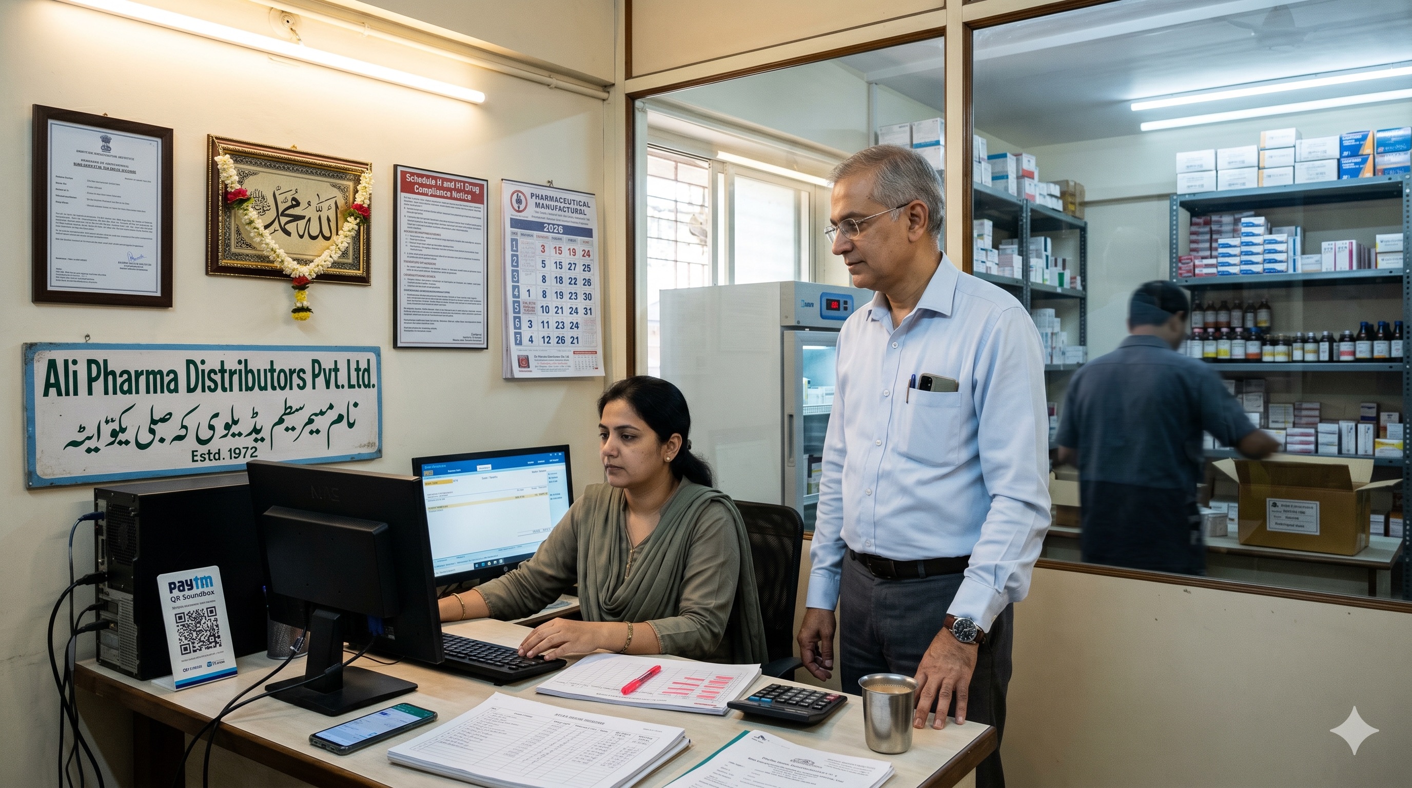 A Khoja Ismaili Muslim proprietor of Ali Pharma Distributors Pvt. Ltd. (Estd 1972), Mumbai, in pale-blue formal shirt, standing beside a woman accountant at a desk consulting a desktop monitor showing TallyPrime sales-voucher with GST fields visible. Behind them through a glass partition: a pharmaceutical warehouse with temperature-controlled racks of medicines, a cold-storage refrigerator door visible. A warehouse staff member packing a customer order into a labelled carton. Paytm Soundbox + batch register + Drug License framed. Hazrat Ali Bismillah calligraphy garlanded on the wall.