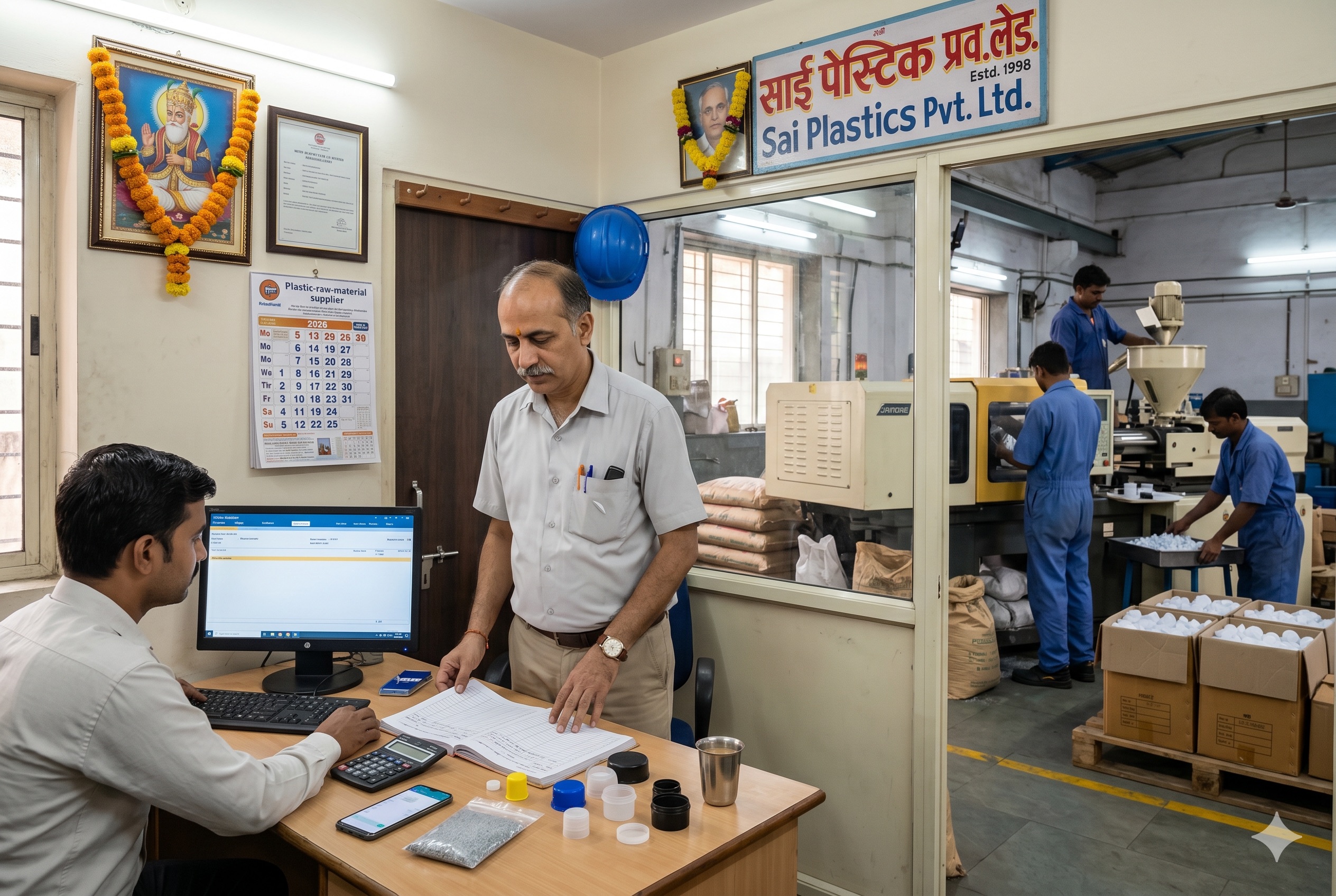 A Sindhi proprietor of Sai Plastics Pvt. Ltd. (Estd 1998), Vapi GIDC, standing at a desk with an accountant consulting a desktop monitor showing TallyPrime sales-voucher. On the desk: production register, plastic granule sample, finished injection-moulded caps, smartphone, calculator. Through a glass partition: moulding shop floor with horizontal injection-moulding machines operating, workers in blue cotton overalls and safety shoes loading granules into hoppers. Sacks of plastic granules stacked, finished caps in cartons. Blue hard hat hanging on wooden peg. Lord Jhulelal framed image garlanded.