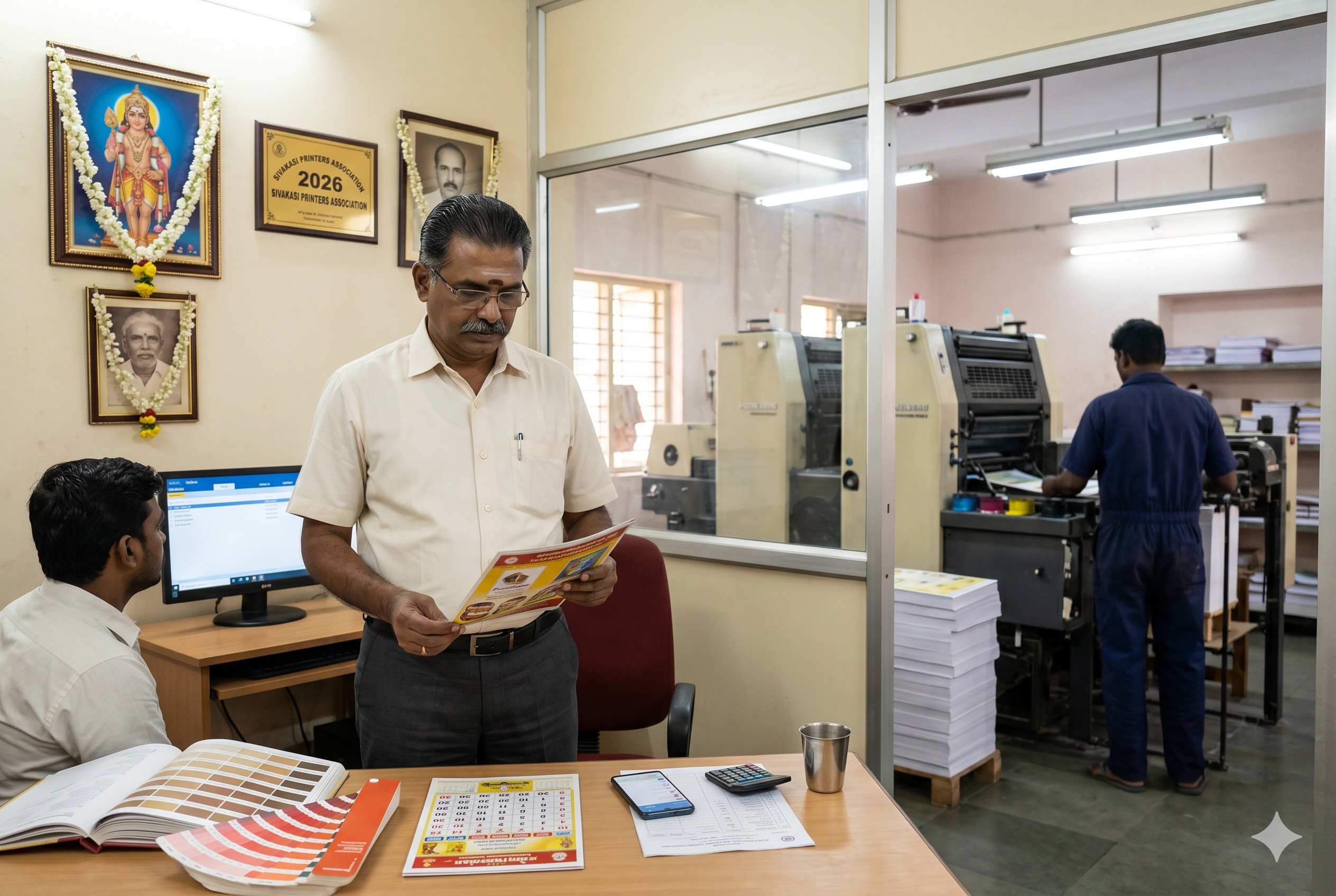 A Tamil proprietor of a small offset printing press in Sivakasi, mid-action reviewing a printed proof-sample with an accountant beside him at a desktop monitor showing TallyPrime. On the desk: paper sample-book, Pantone color-swatch book, printed proof (a Pongal calendar in Tamil), smartphone, calculator. Through a glass partition: the press floor with a Heidelberg offset printing press in operation, a worker in dark blue cotton overalls at the delivery end, paper stacks beside the press. Lord Murugan framed image garlanded with jasmine, framed sepia photo of founder father garlanded, 2026 Sivakasi Printers Association plaque on wall.