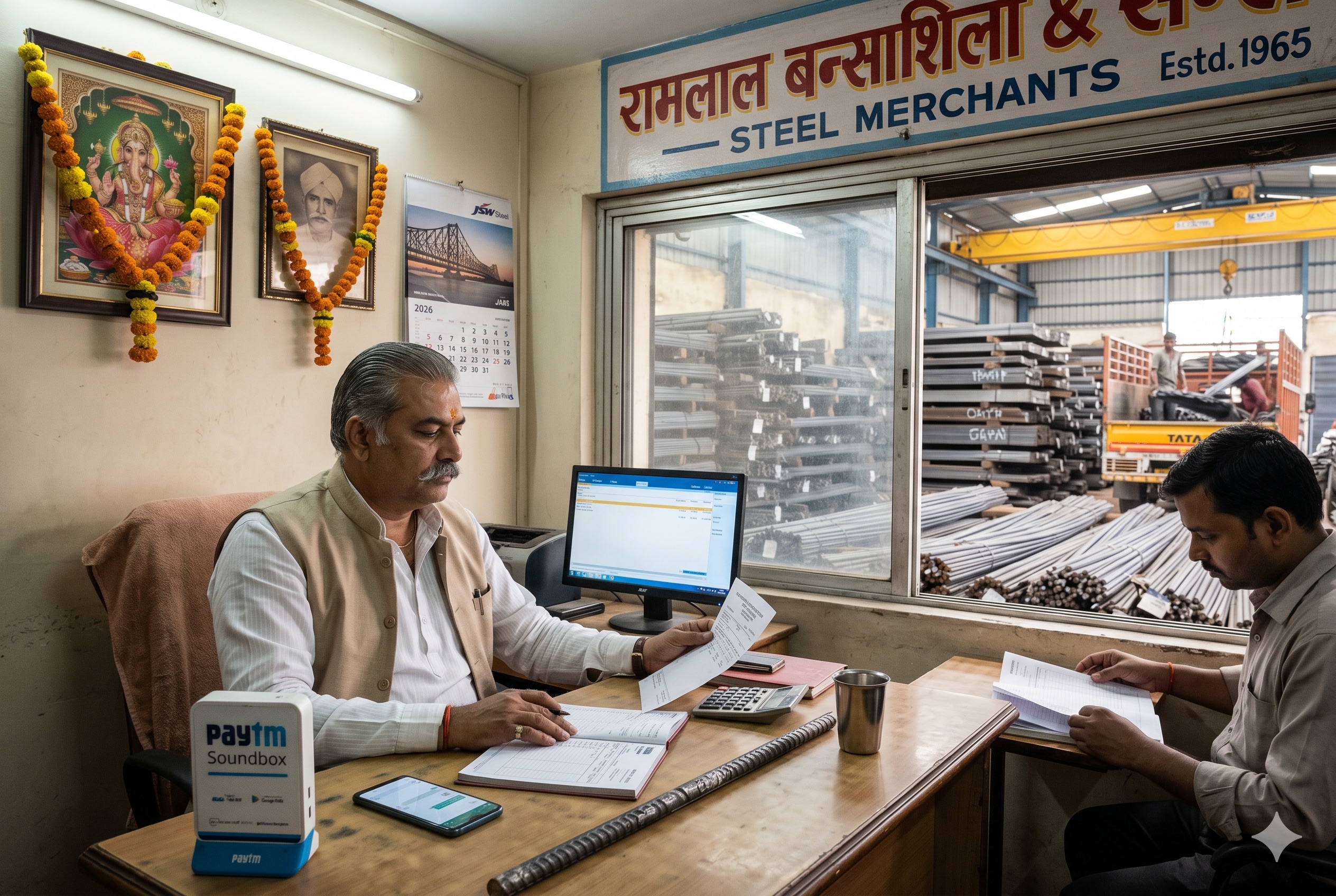 A Marwari steel trader at Ramlal Banshilal & Sons (Estd 1965), Howrah, in white kurta and beige bandi, reviewing a printed weighbridge slip while consulting TallyPrime on a desktop monitor. An accountant beside him at a separate desk. Through a window: outdoor stockyard with TMT bars stacked, yellow overhead crane visible. Paytm Soundbox + sample TMT bar on desk.